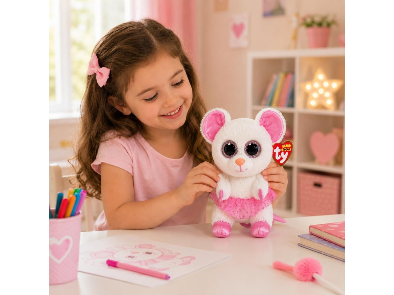 Peluche Ty Beanie Boos Nina Topolina Ballerina con occhioni zampine orecchie e tutÃ¹ rosa glitterati bianco 15 cm