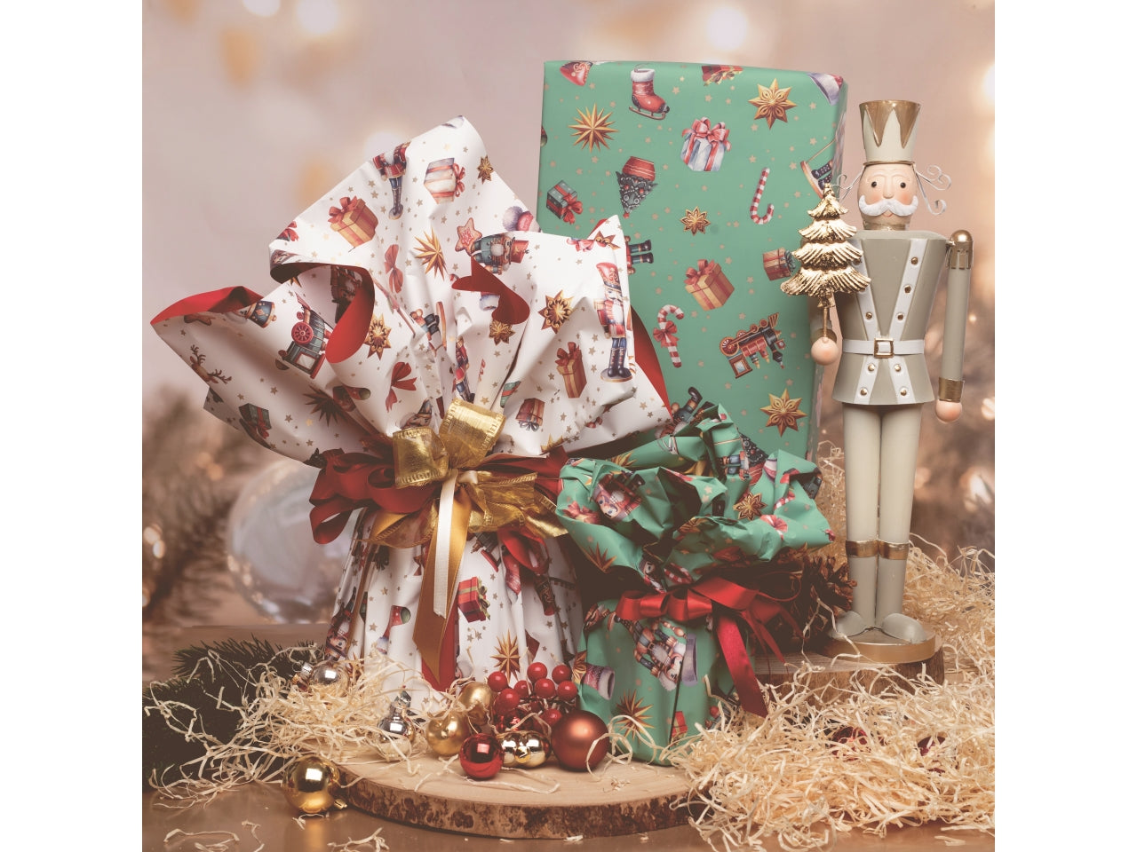 Bobina Nutcracker Elite 50my 1x20mt double face fantasia natalizia bianca e fondo pieno rosso