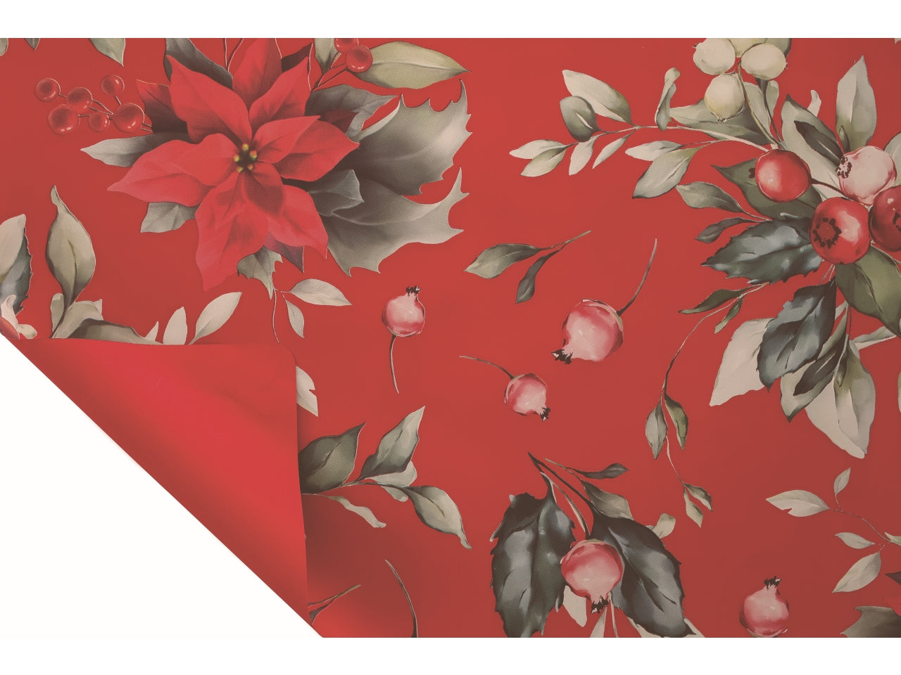 Bobina Xmas Flower 40my 1x25mt double face fantasia natalizia e fondo pieno rosso