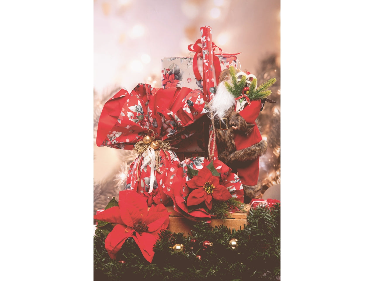 Bobina Xmas Flower 40my 1x25mt double face fantasia natalizia e fondo pieno rosso