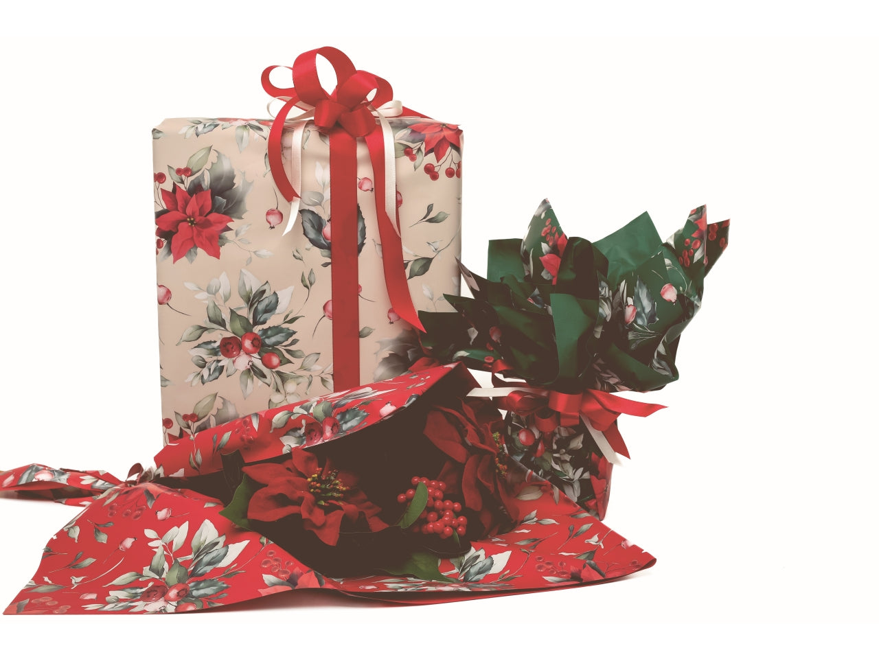 Bobina Xmas Flower 40my 1x25mt double face fantasia natalizia e fondo pieno verde