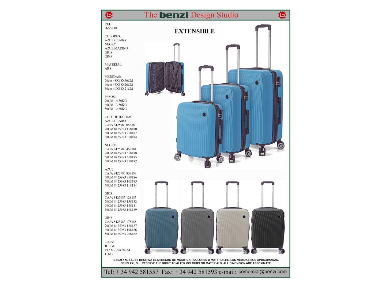 Trolley in abs con 4 ruote doppie espandibile light blu set da 3 trolley