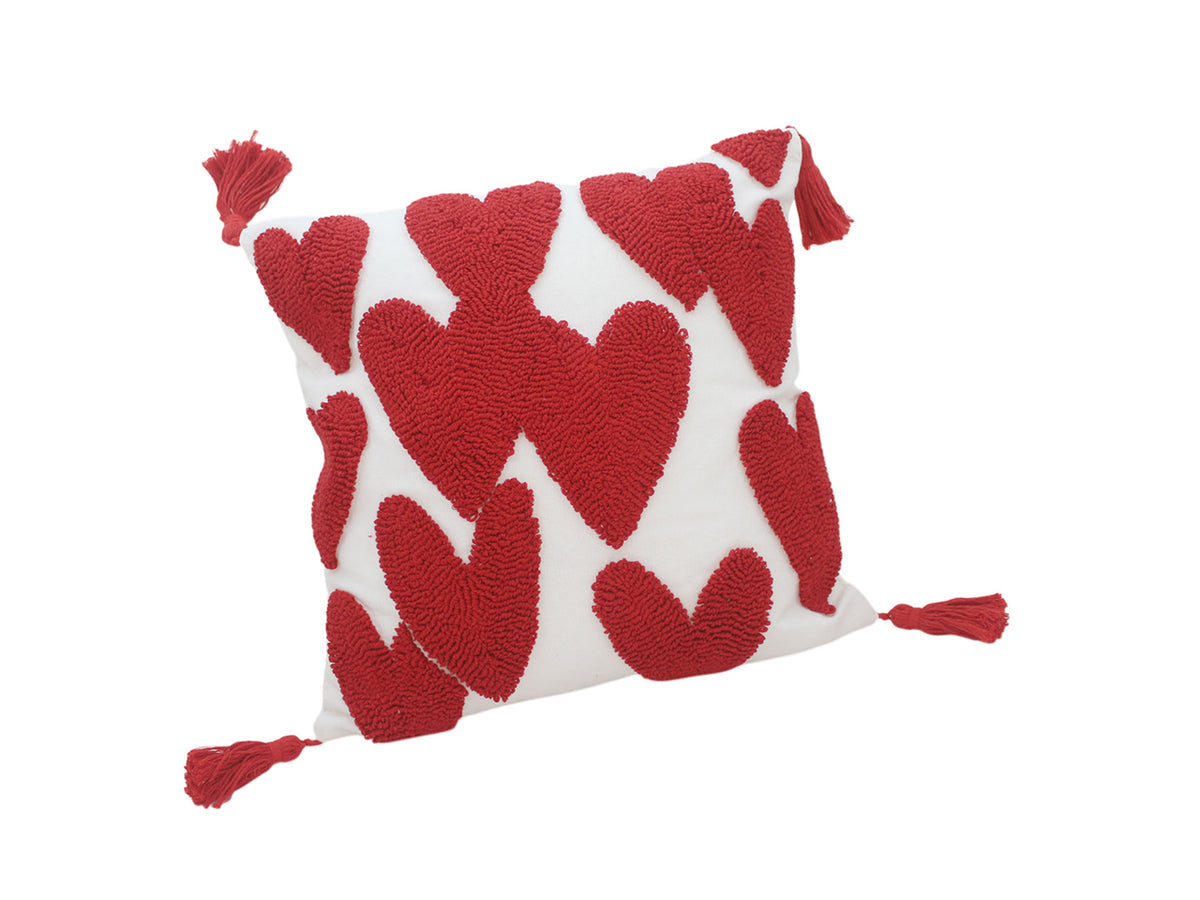 Cuscino quadrato 45x45cm bianco con ricamo cuori rosso