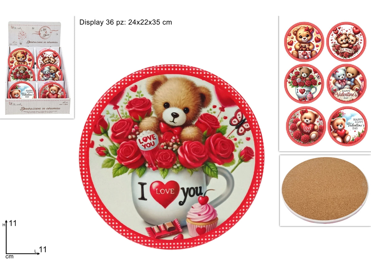 Decorazione tonda con orsetti 11cm in ceramica e base in sughero, fantasie assortite