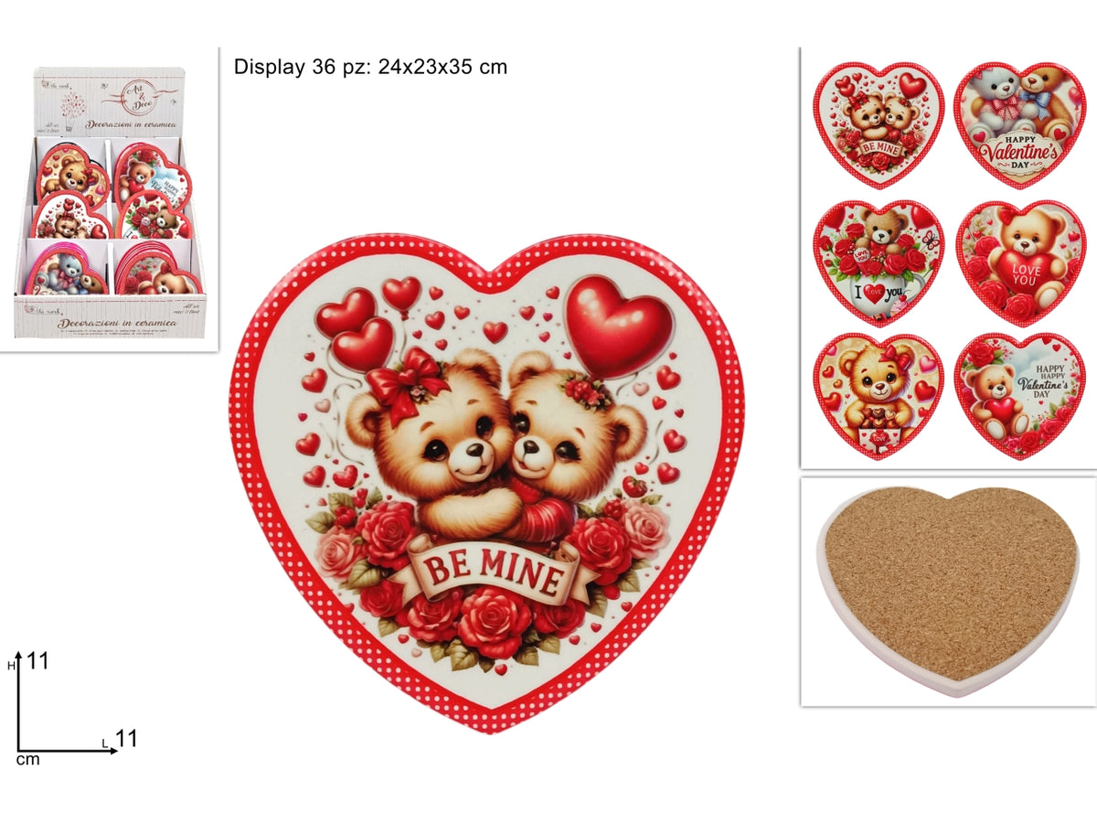 Decorazione cuore in ceramica e base sughero 11cm, fantasie assortite