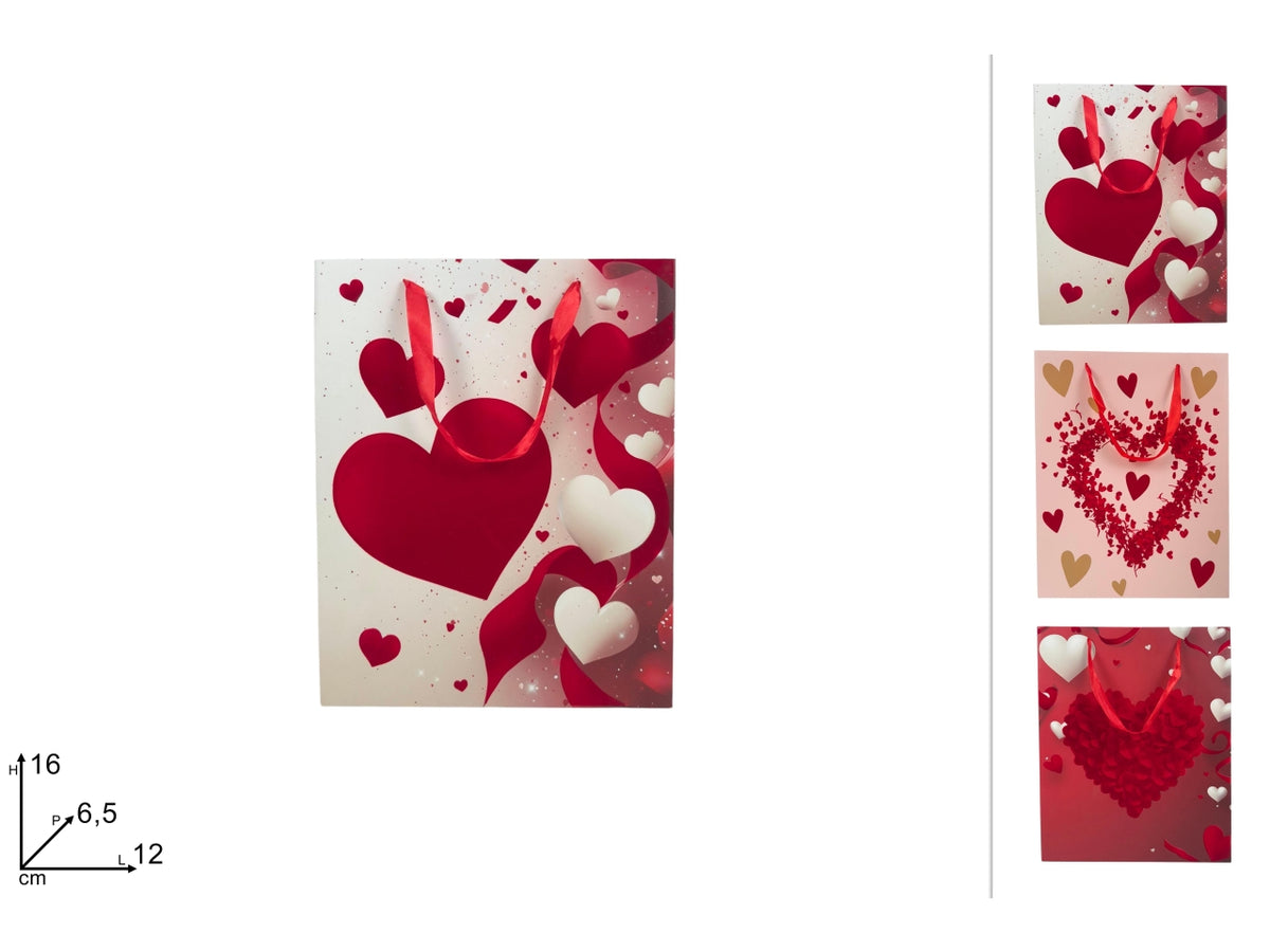 Busta regalo 12x16x6.5 cm decoro cuore effetto velluto, fantasie assortite