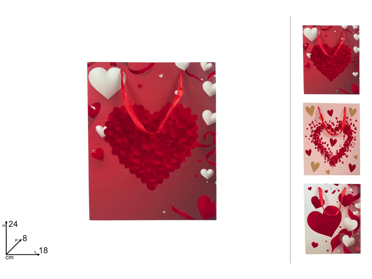 Busta regalo 18x24x8 cm decoro cuore effetto velluto, fantasie assortite