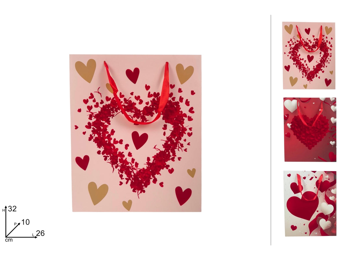 Busta regalo 26x32x10 cm decoro cuore effetto velluto, fantasie assortite
