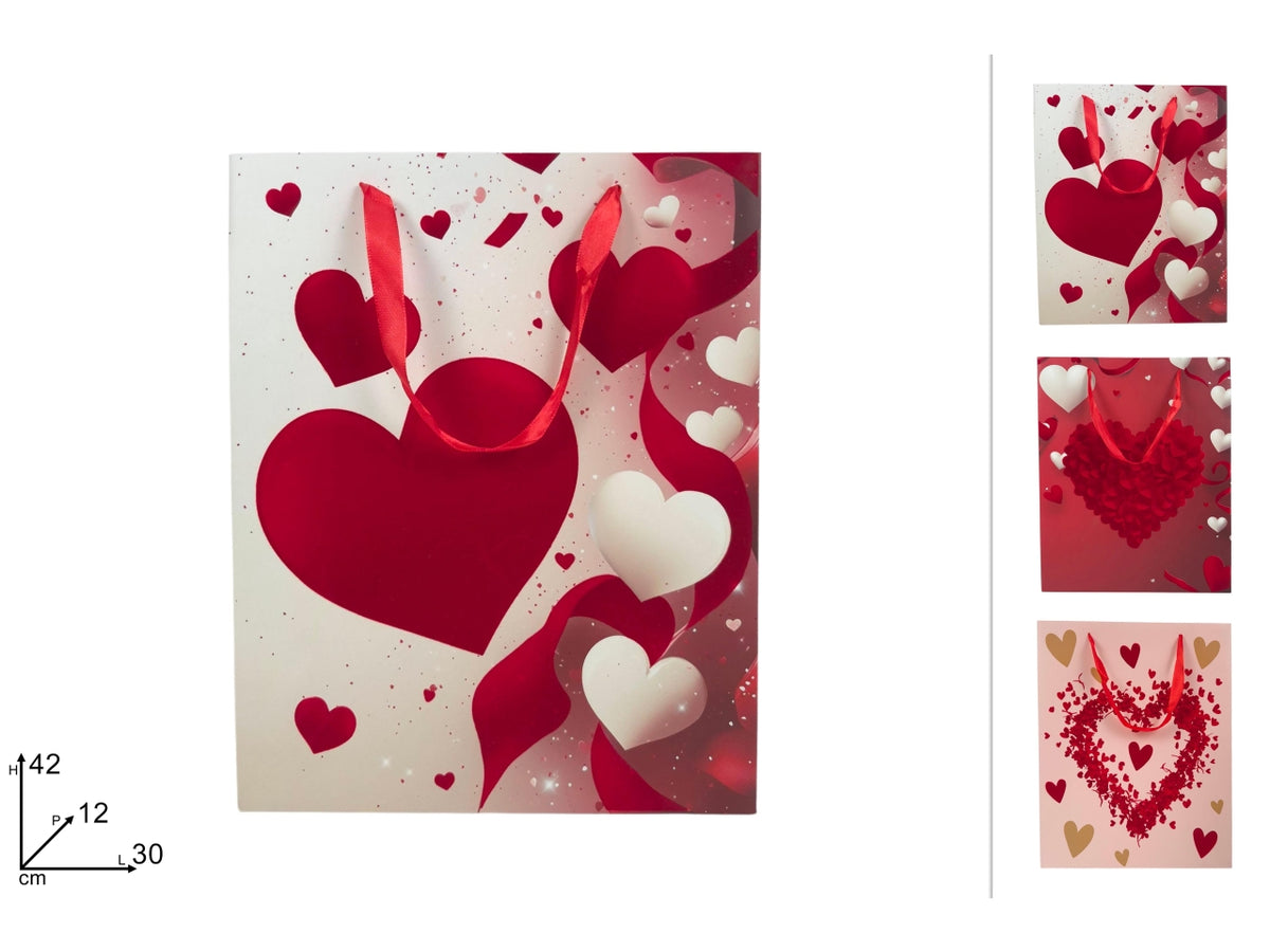 Busta regalo 30x42x12 cm decoro cuore effetto velluto, 3 fantasie assortite