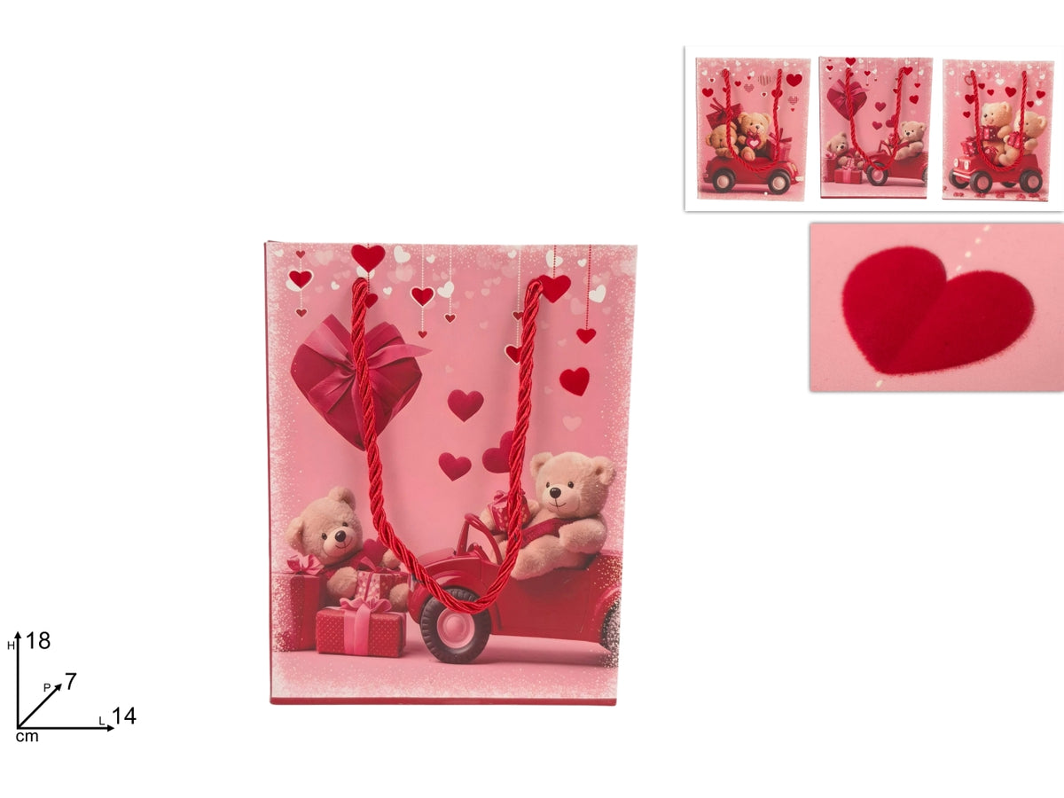 Busta regalo 18x14x7 cm decoro orsetti con velluto, 3 fantasie assortite