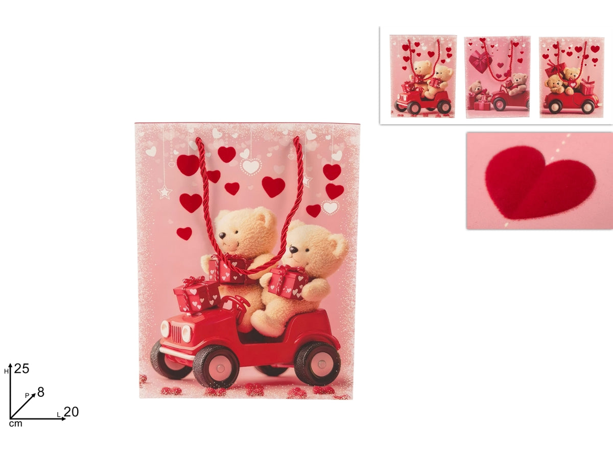 Busta regalo 25x20x8cm decoro orsetti con velluto, 3 fantasie assortite