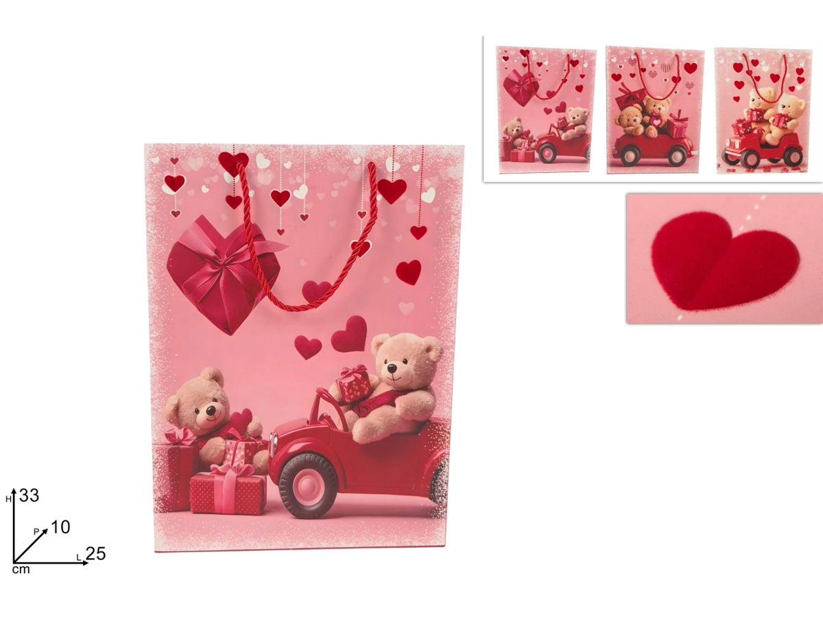 Busta regalo 33x25x10cm decoro orsetti con velluto, 3 fantasie assortite