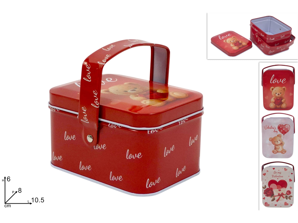 Scatola con manico in latta decori san valentino, fantasie assortite
