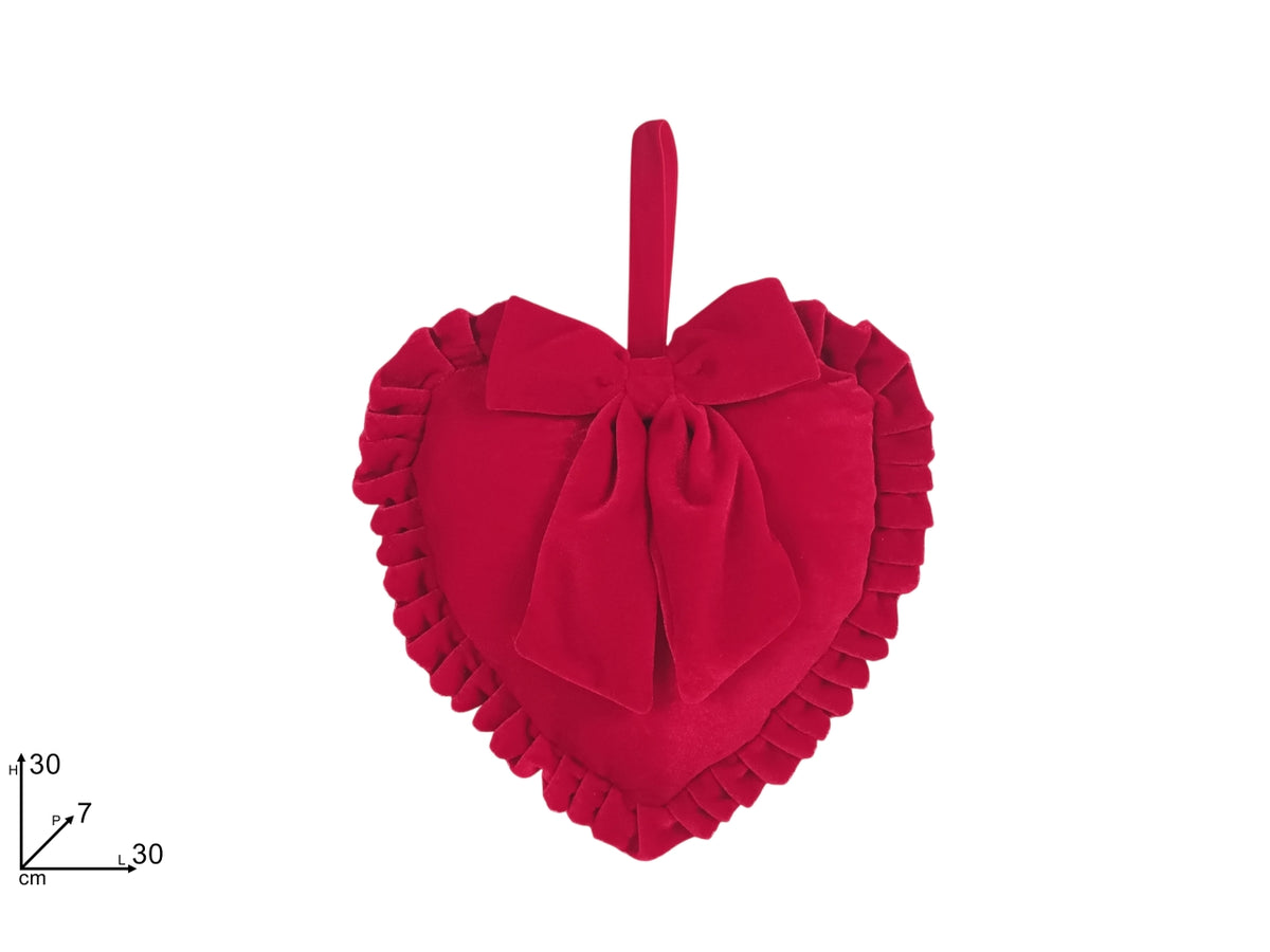 Appendino cuscino cuore 30cm effetto velluto rosso con fiocco