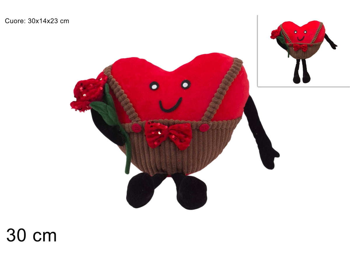 Peluche cuore 30cm con salopette e rosa rossa