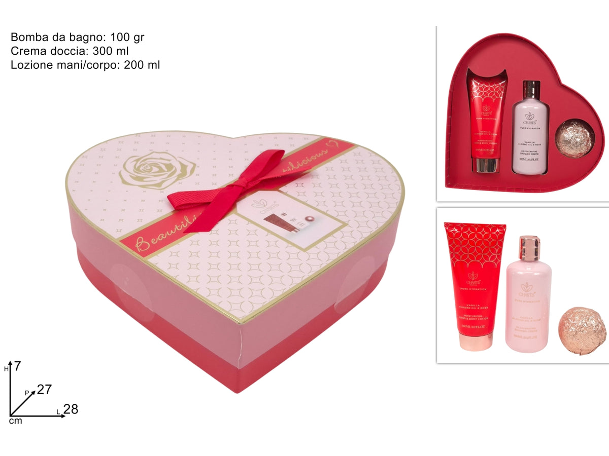 Confezione scatola regalo a cuore linea corpo donna con bomba da bagno, crema doccia e lozione mani/corpo