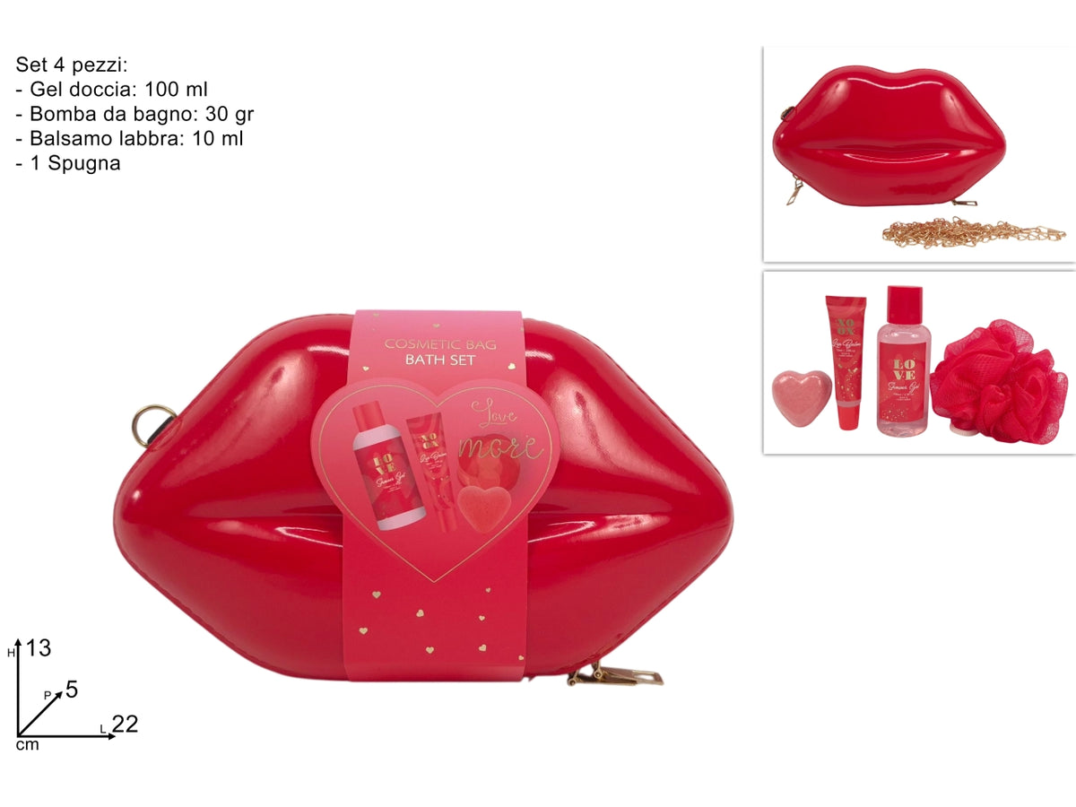 Borsetta linea corpo per donna a forma di labbra rosse con gel doccia, bomba da bagno, balsamo labbra e spugna