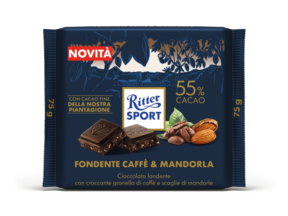 Ritter sport tavoletta 75gr fondente 55% con croccante granella di caffe' e scaglie di mandorle