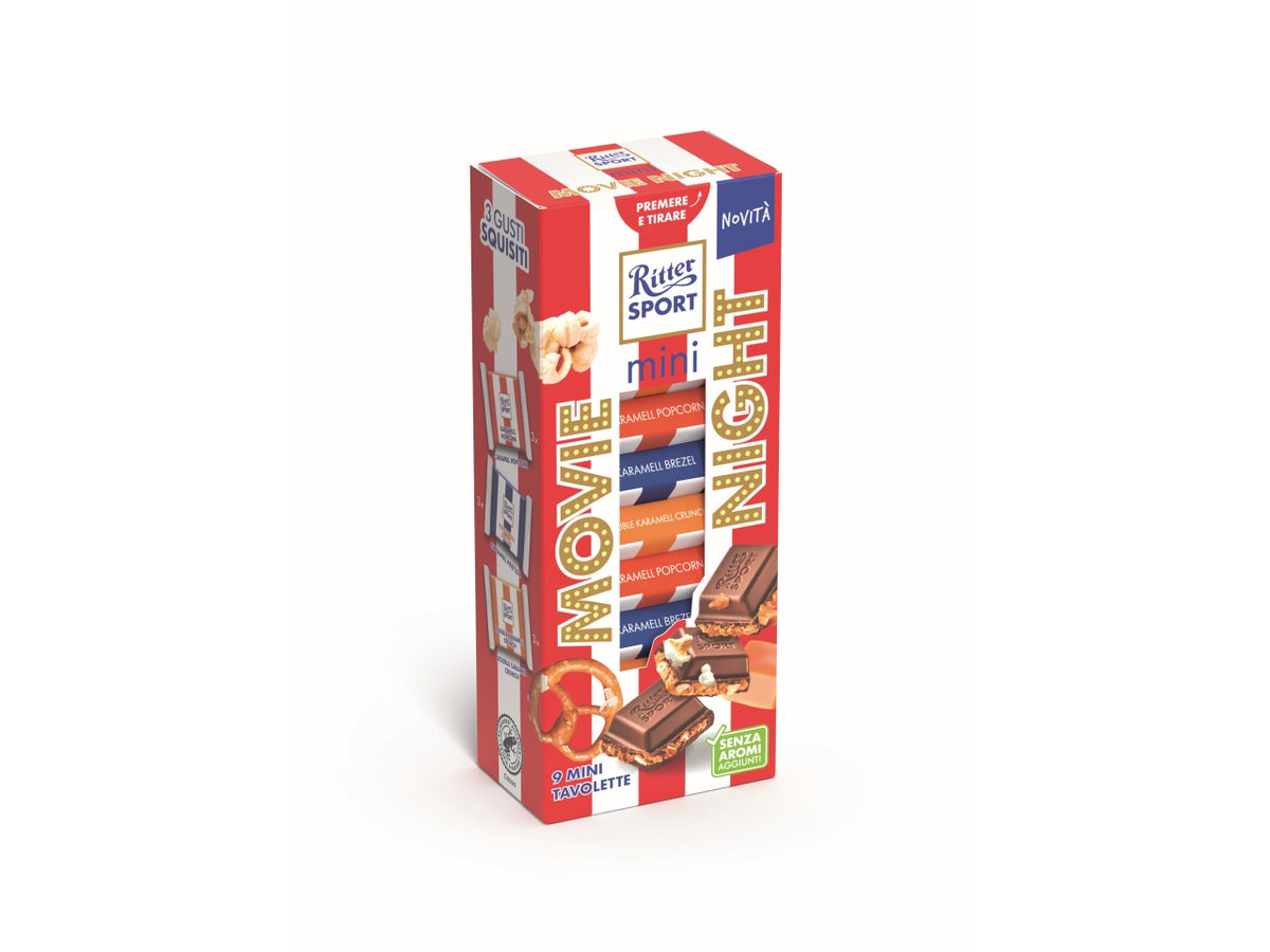 Ritter sport mini tower 150gr movie night, 9 mini tavolette gusti assortiti