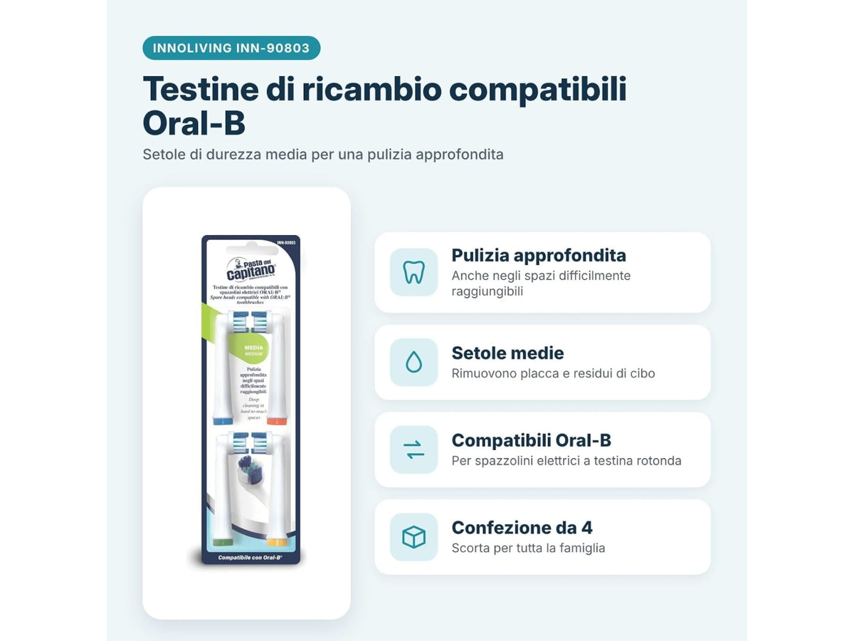 Pasta del Capitano set 4 testine di ricambio setole incrociate, compatibili anche per spazzolini elettrici Oral B