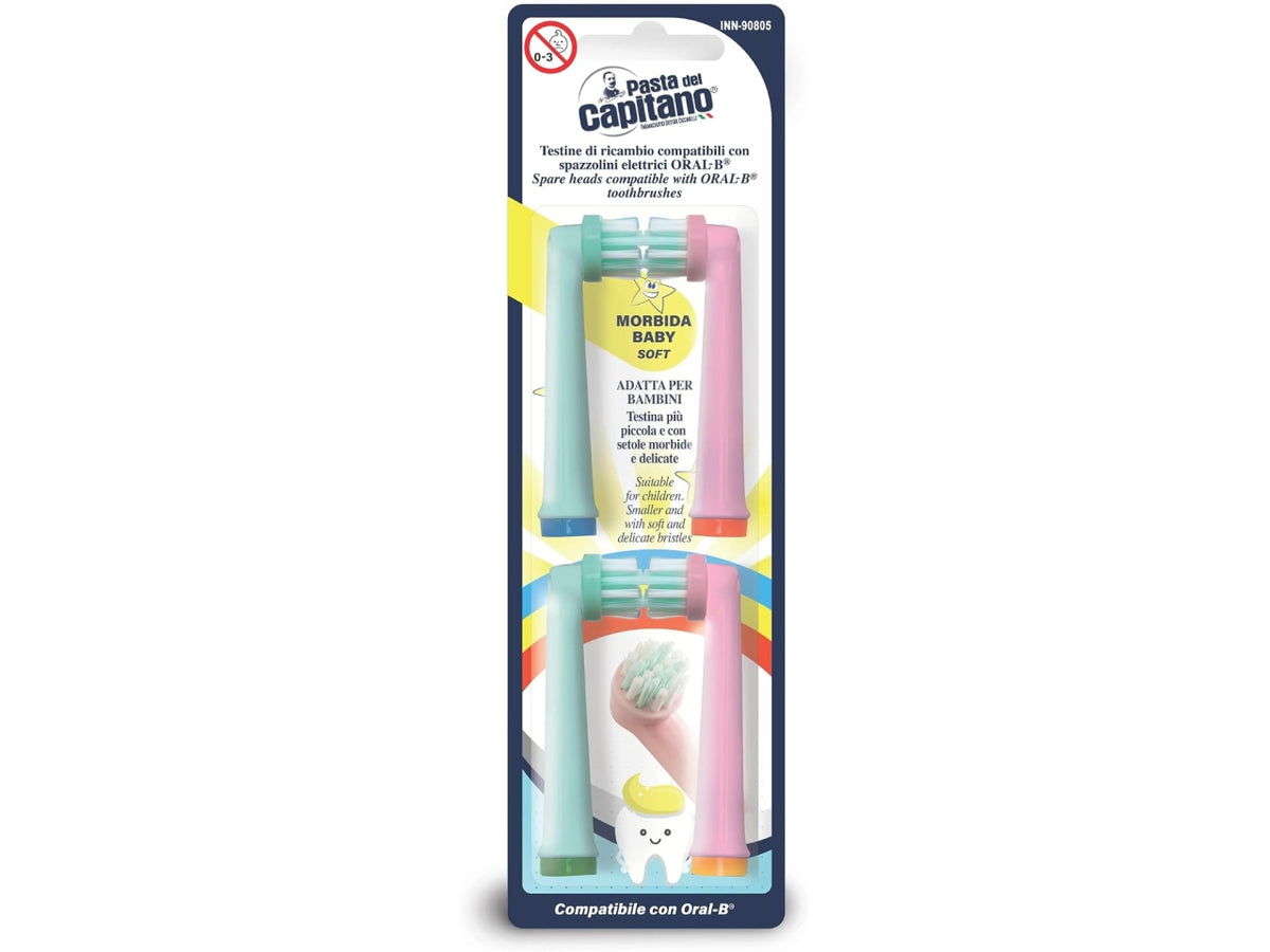 Pasta del Capitano set 4 testine di ricambio adatte per bambini, compatibili anche per spazzolini elettrici Oral B