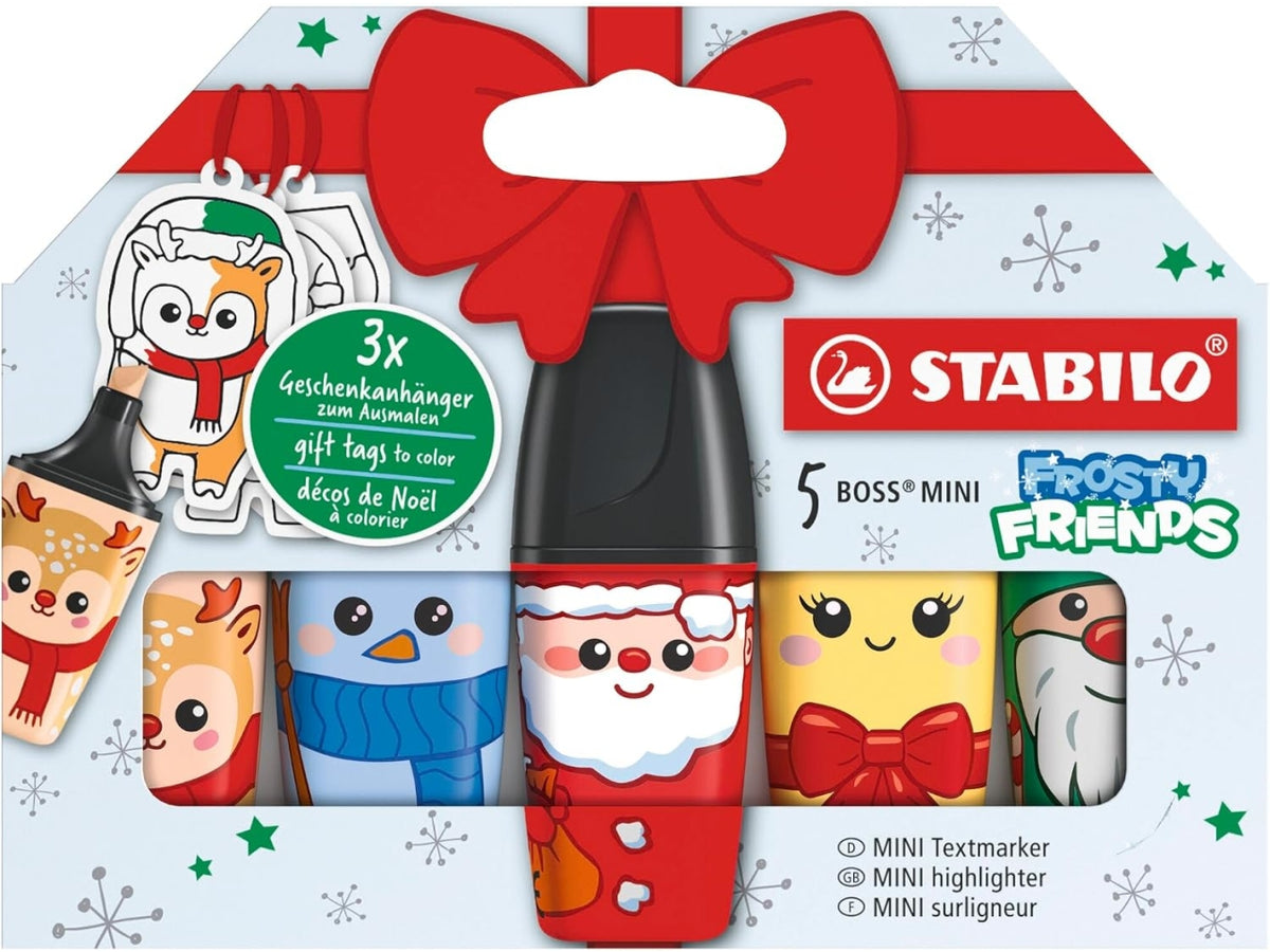 Stabilo Boss 5 mini evidenziatorei Frosty Friends natalizi con 3 bigliettini da colorare e personalizzare