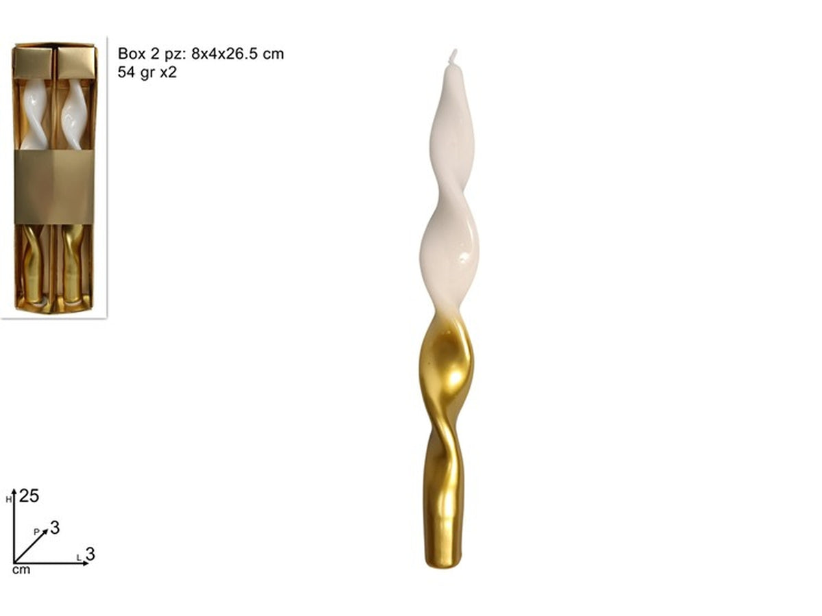 Candele torciglione 25cm 54gr bianco/oro, set 2 candele