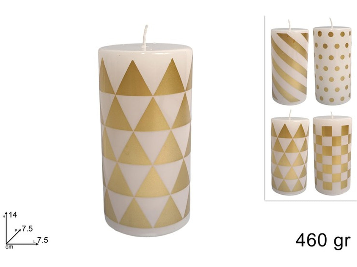 Candela moccolo 7,5x14cm 460gr bianco/oro, 4 assortimenti
