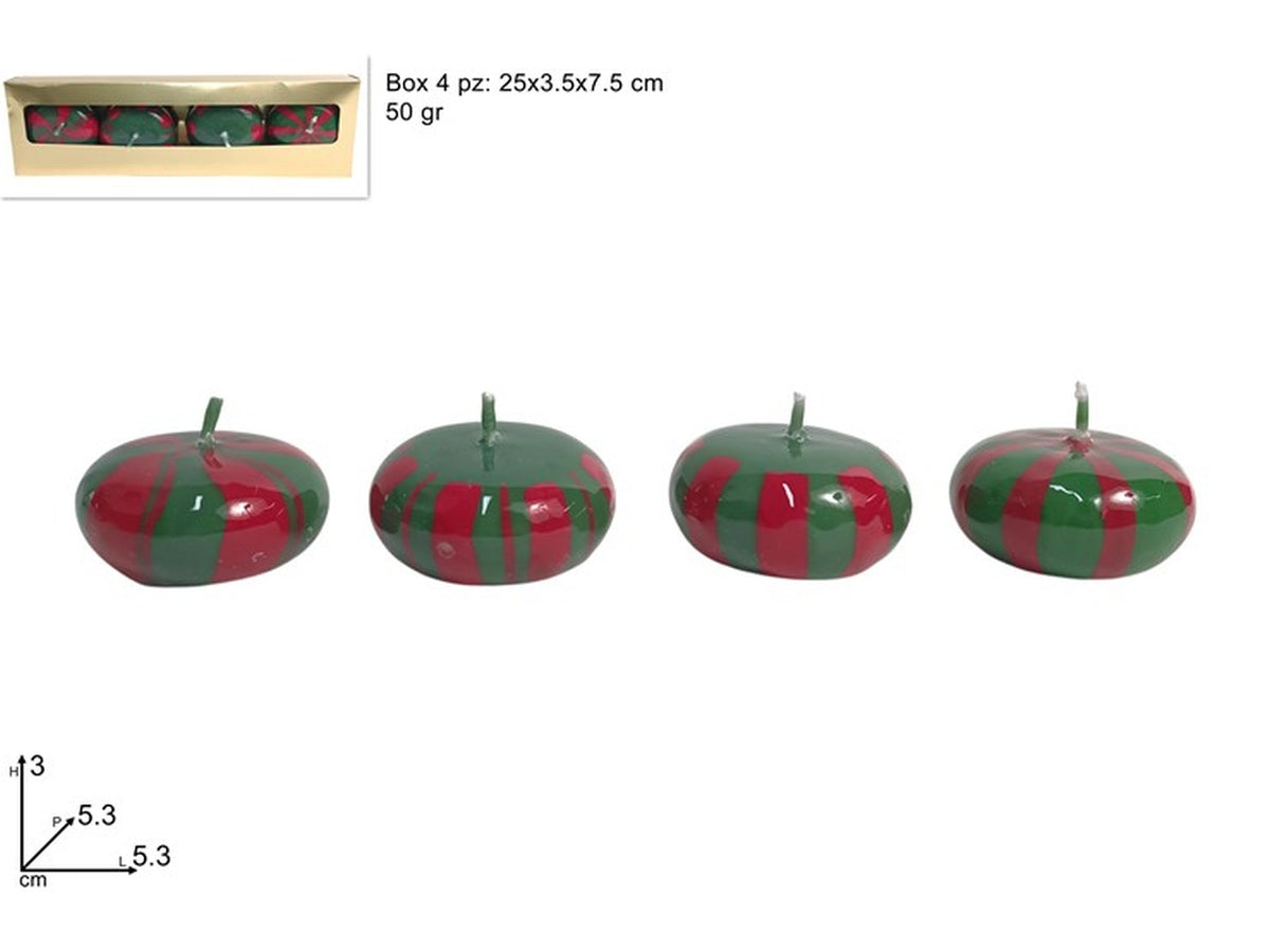 Candele galleggianti d. 5,3cm 50gr , set 4 candele con decoro rosso e verde