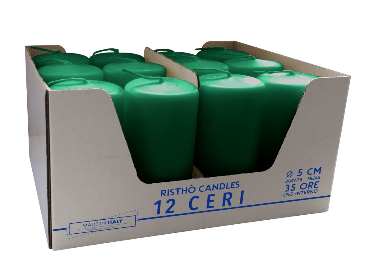 Candele moccolo 5xh.10cm verde scuro in confezione da 12 pezzi
