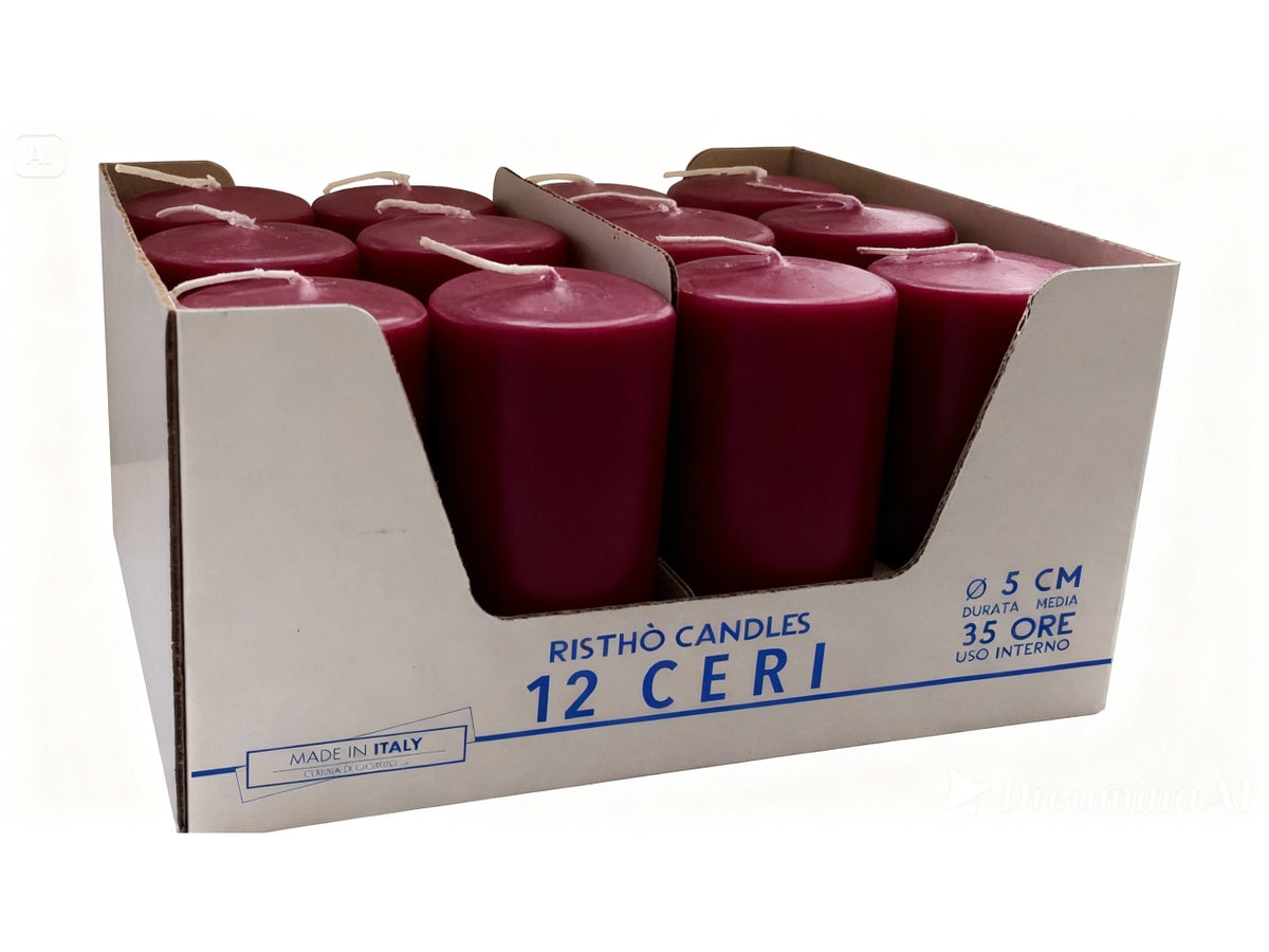 Candele moccolo 5xh.10cm bordeaux in confezione da 12 pezzi