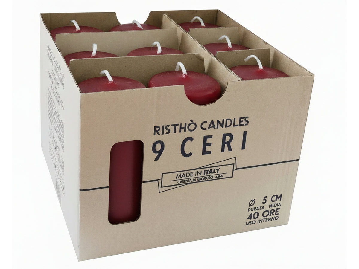 Candele moccolo 5xh.12cm bordeaux in confezione da 9 pezzi