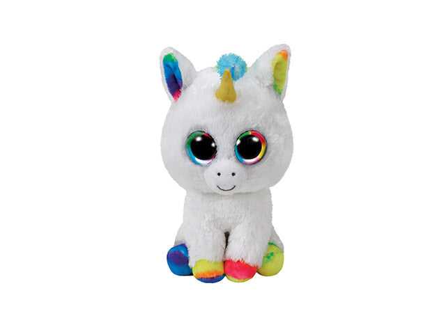 Peluche Ty Beanie Boos Pixy Unicorno con occhi zampine orecchie e corno arcobaleno glitterati bianco 15 cm