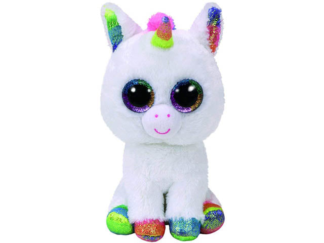 Peluche Ty Beanie Boos Pixy Unicorno con occhioni zampine orecchie e corno arcobaleno glitterati arcobaleno glitter 28 cm