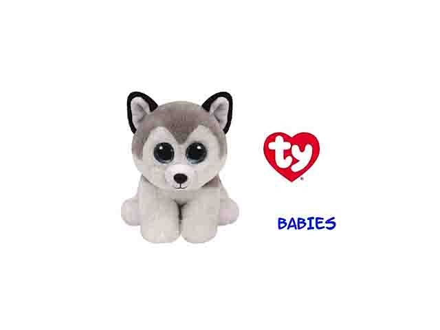 Peluche Ty Beanie Babies Buff Husky con occhi glitterati blu bianco e grigio 15 cm