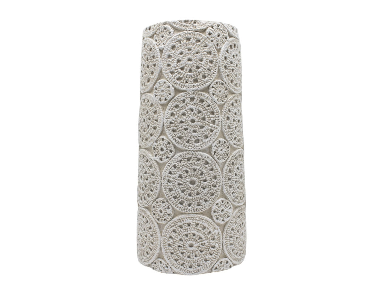 Vaso decorativo boho in poliresina bianco sporco forma cilindrica con lavorazione simil rosoni 16,5x32,5 cm - Souvenir Planet