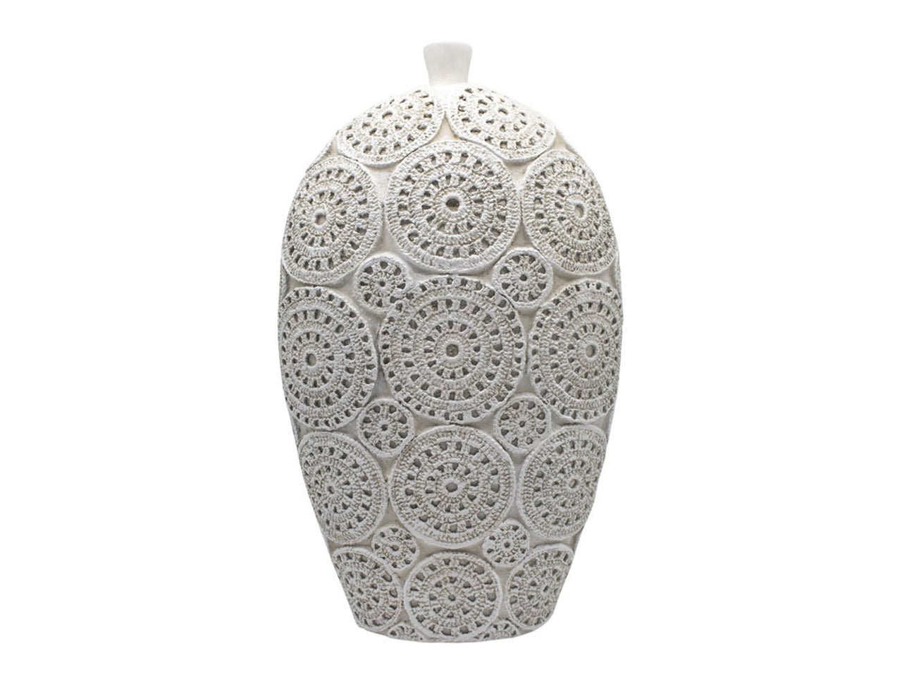 Vaso decorativo boho in poliresina bianco sporco forma cilindrica con lavorazione simil rosoni 24x13x40,5 cm - Souvenir Planet