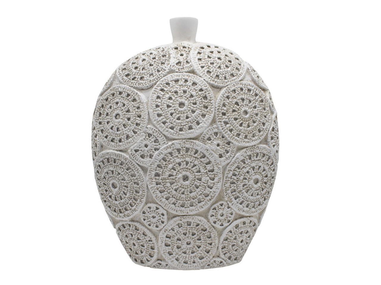 Vaso decorativo boho in poliresina bianco sporco forma cilindrica con lavorazione simil rosoni 24x11x31 cm - Souvenir Planet