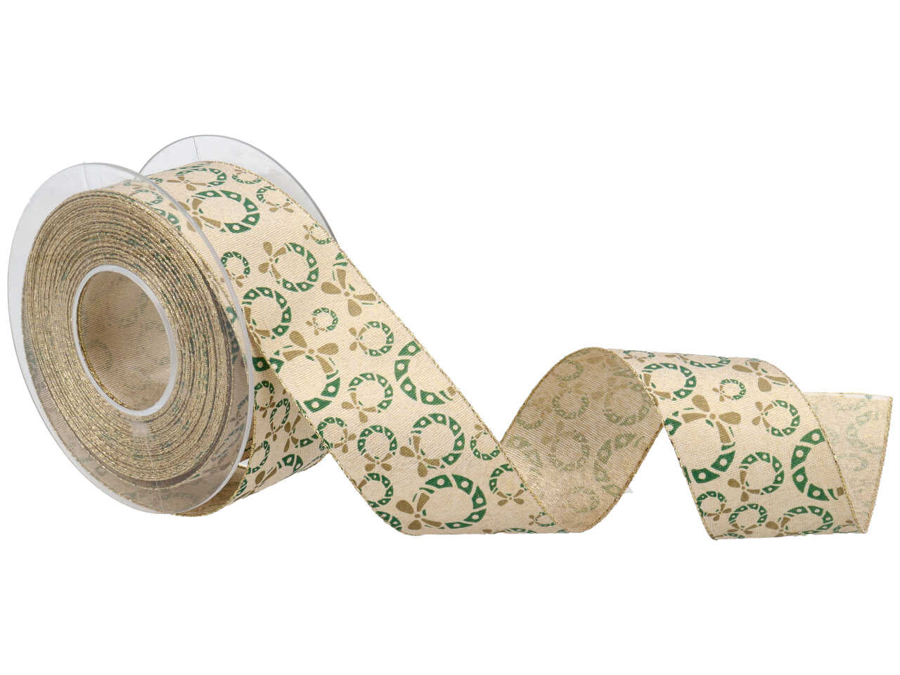 Nastro regalo natalizio ghirlande dorato, verdi e panna 4 cm x 15 m - Sirene