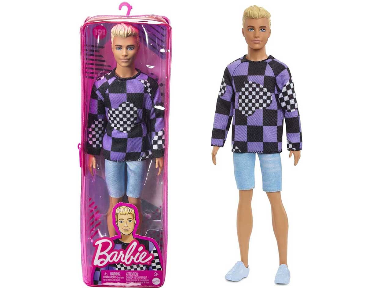 Ken fashionistas con maglione a quadri e jeans, 30 cm per bambini da 3+ anni, Barbie Mattel