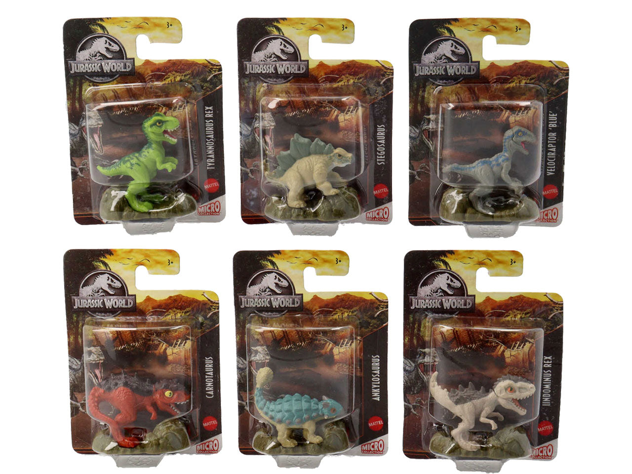Dinosauro Jurassic World micro collection Mattel - 6 figure assortite - Plastica - Multicolor - 3+ - Scatola con vetrina - Dimensioni 5,5x4,5x2,5 cm - Tyrannosaurus Rex, Velociraptor Blue, Ankylosaurus, Indominus Rex, Carnotaurus, Stegosaurus