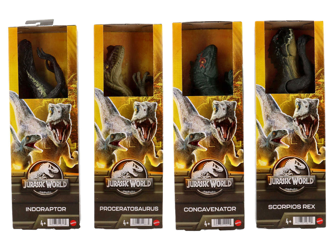 Dinosauro Jurassic World Mattel, 30 cm - 4 figure assortite | Multicolor, plastica, età 3+, scatola con vetrina Scorpios Rex, Proceratosaurus, Indoraptor, Concavenator