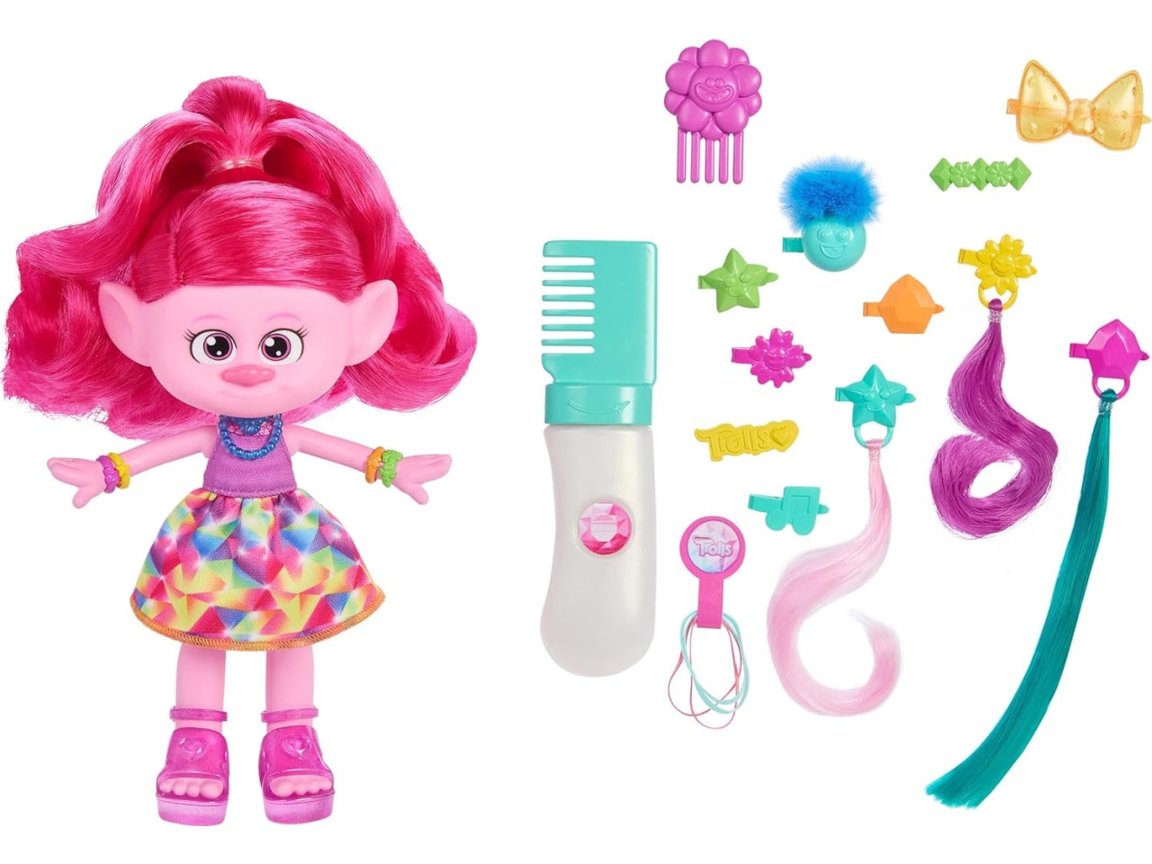 Trolls Regina Poppy con capelli glitter e 15+ accessori, per bambine dai 3+ anni, Mattel