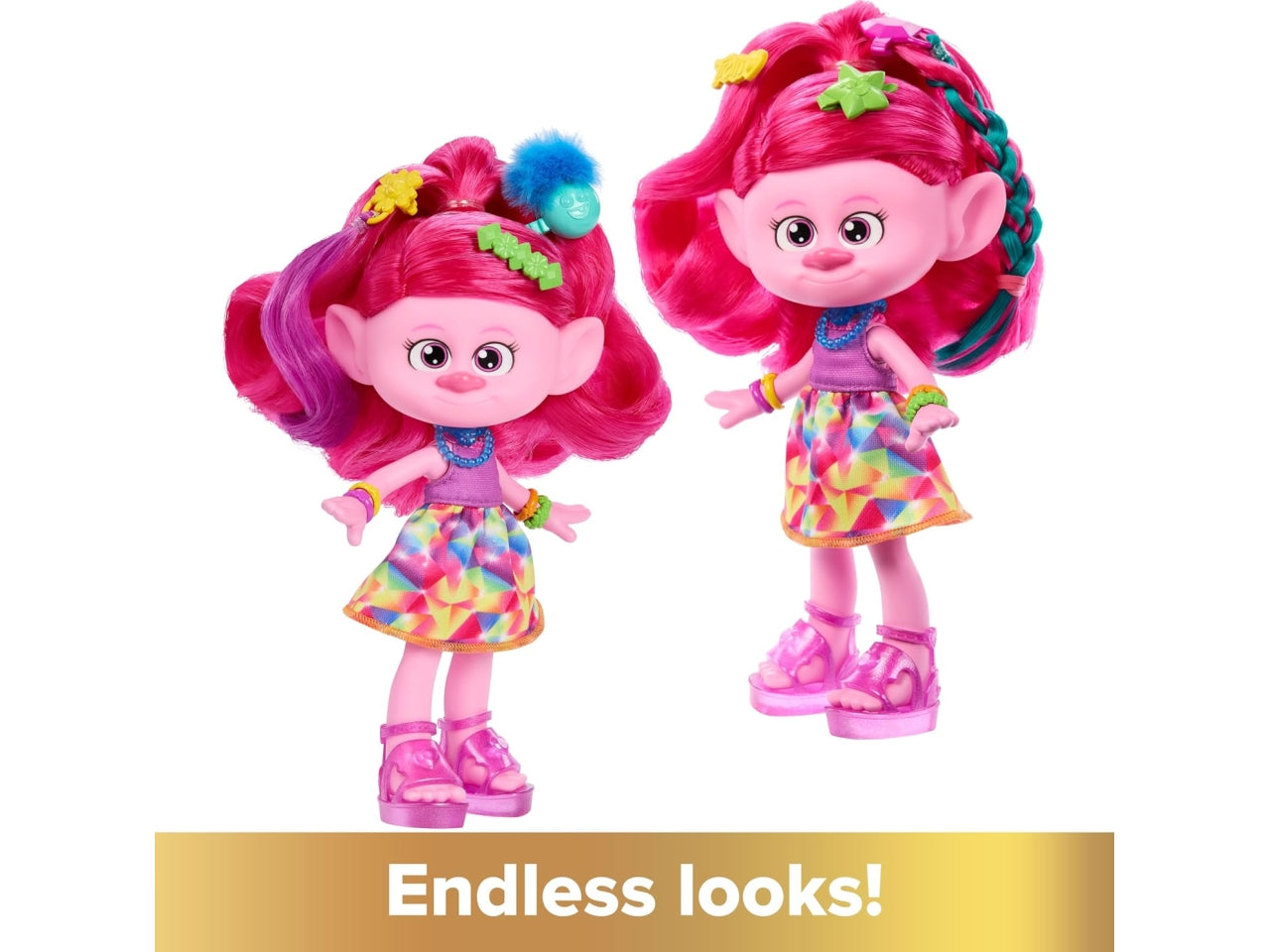 Trolls Regina Poppy con capelli glitter e 15+ accessori, per bambine dai 3+ anni, Mattel