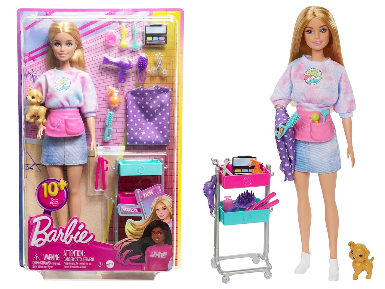Malibu Stylist, playset con Bambola Malibu, Un Cucciolo, 14 Accessori a Tema Capelli e Trucco e Un carrellino per Lo Styling, Giocattolo per Bambini, 3+ Anni | Mattel