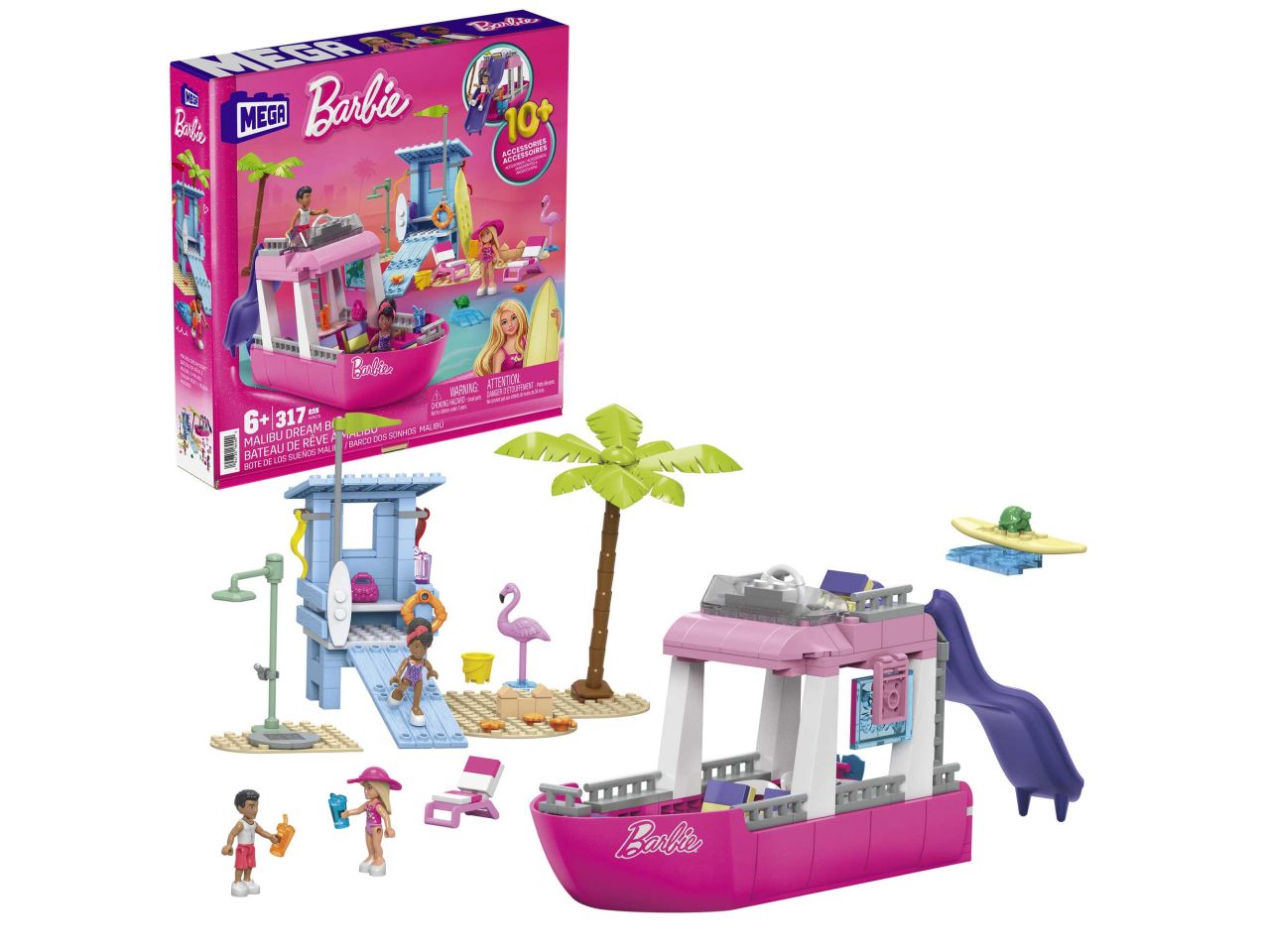 Mattel barbie mega barca dei sogni con 3 micro dolls e 2 animali inclusi da costruire con 317 mattoncini