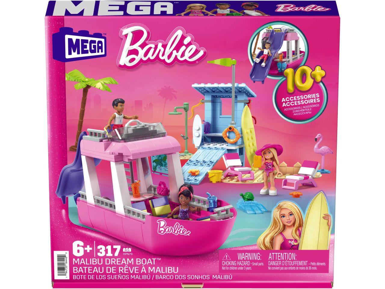 Mattel barbie mega barca dei sogni con 3 micro dolls e 2 animali inclusi da costruire con 317 mattoncini