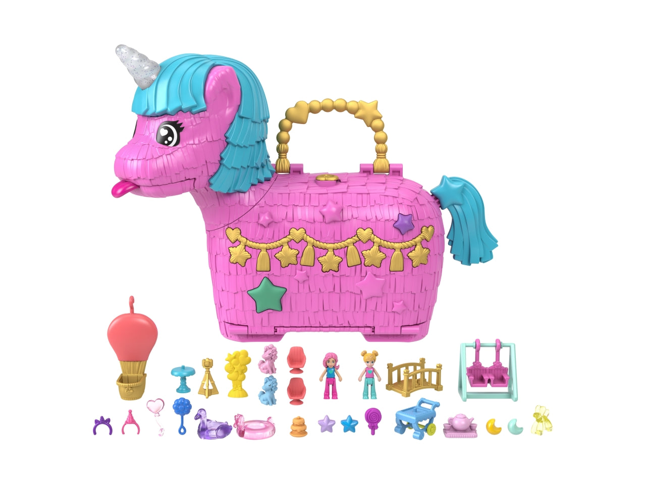 Polly Pocket - Festa Unicorno playset con 2 mini bambole e cuccioli include 25+ accessori tra cui una mini pignatta e una mongolfiera giocattolo per bambini 4+ anni HYD96 - Mattel