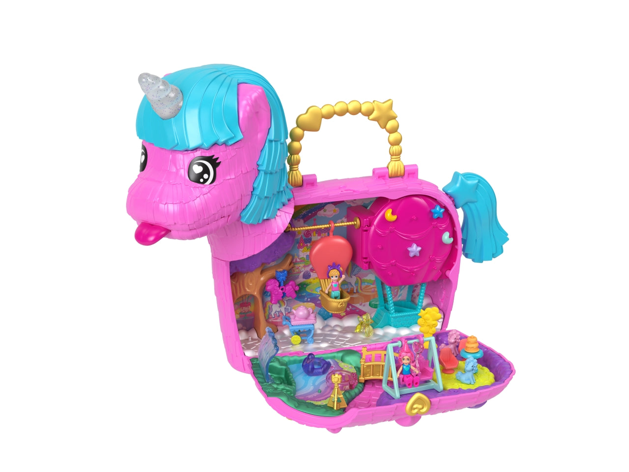Polly Pocket - Festa Unicorno playset con 2 mini bambole e cuccioli include 25+ accessori tra cui una mini pignatta e una mongolfiera giocattolo per bambini 4+ anni HYD96 - Mattel