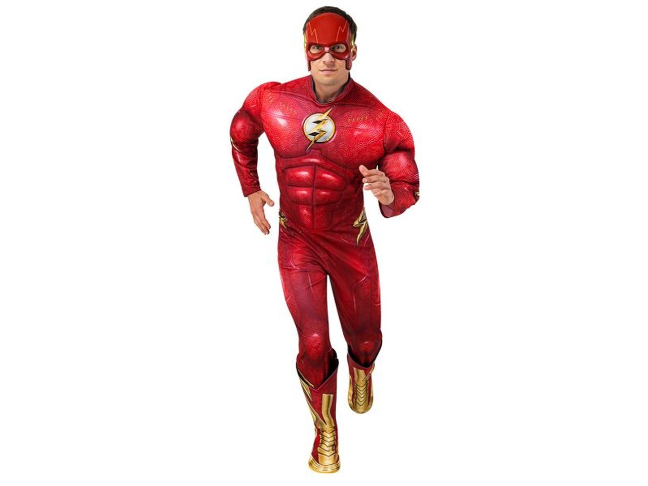 Rubies costume flash deluxe taglia l per adulti  - tuta con petto imbottito e copriscarpe, 1/2 maschera
